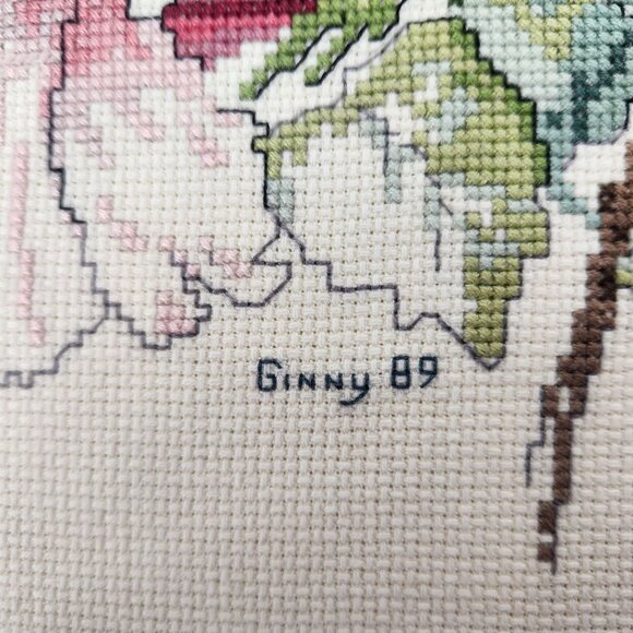 Vintage Floral Cross Stitch Art Signed 1989 Pink Off White Hibiscus Unframed - Picture 6 of 9
